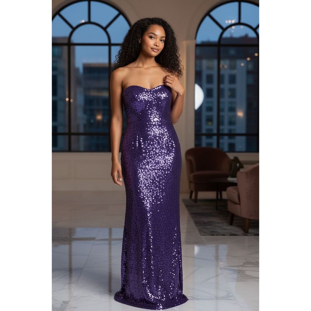 NEW ARRIVALS BY ILKYAZ OZEL Dark Blue Sequin Bustier Satin Gown NWT Size 42/ US